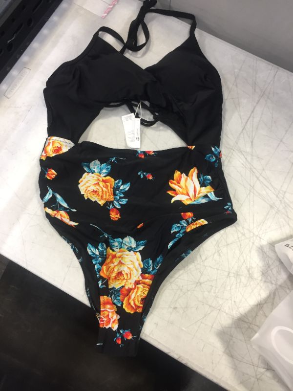 Photo 2 of Black Floral Print Halter One Piece Swimsuit XL