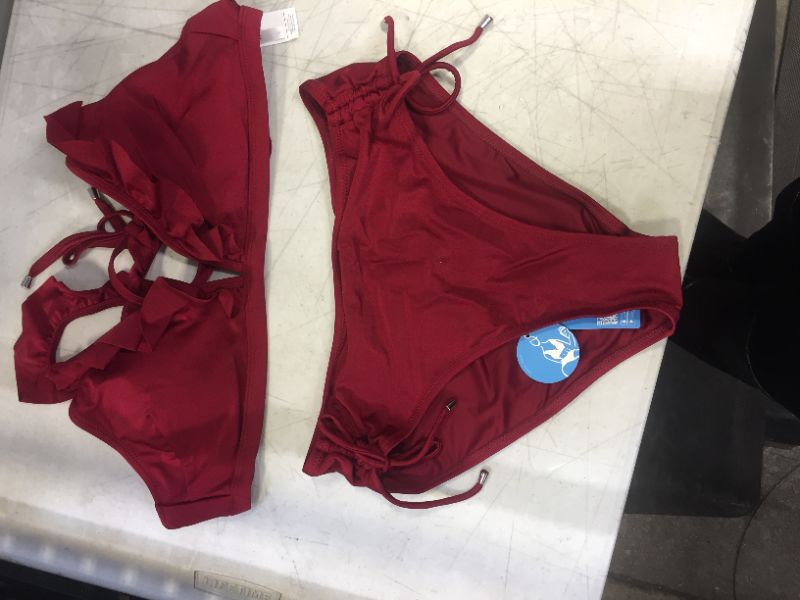 Photo 2 of Savannah Burgundy Ruffle Crisscross Drawstring Bikini M