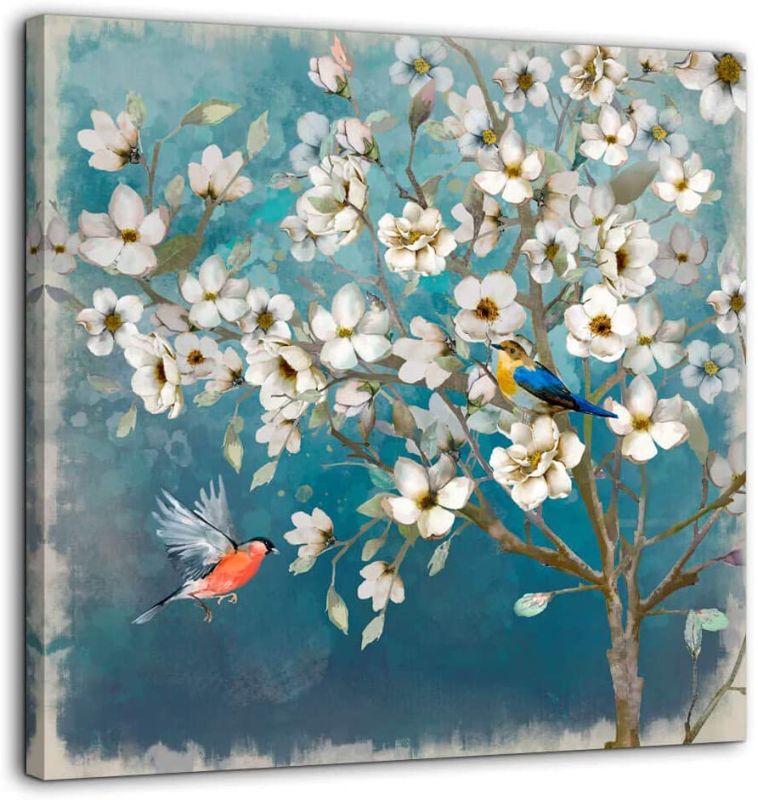 Photo 1 of Canvas Wall Art Flower Bird Wall Decor for Bedroom Bathroom Framed Artwork for Walls Modern Wall Decorations prints picture for Kitchen Home Decor Size 20X20 Painting of White Flowers Tree Green Back