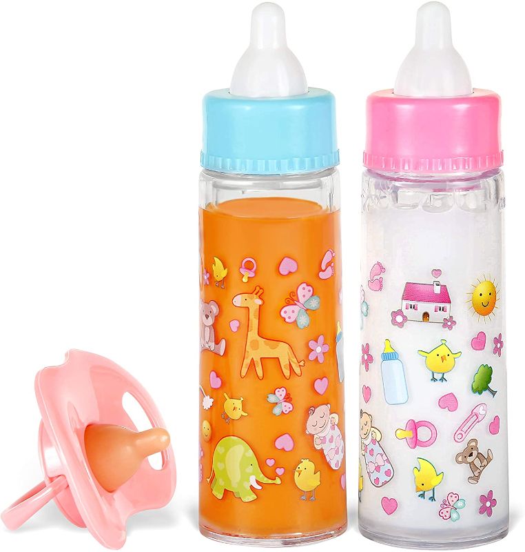 Photo 1 of Exquisite Buggy My Sweet Baby Disappearing Magic Bottles - Includes 1 Milk, 1 Juice Bottle with Pacifier for Baby Doll (Colorful)
