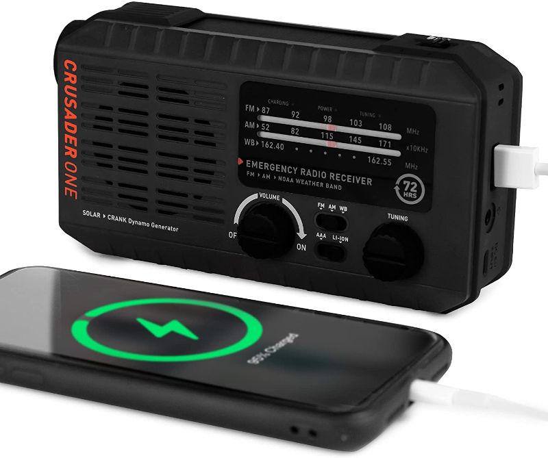 Photo 1 of ?2021 Newest Upgraded? 72 Hours Crusader ONE NOAA/AM/FM Emergency Weather Radio, USB Rechargeable Battery, Portable Solar Hand Crank Weather Alert Radio SOS Flashlight Alarm, Headphone Jack (Black)
