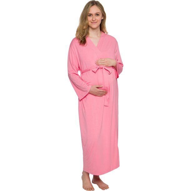 Photo 1 of Full Length Maternity Kimono Robe - Lightweight Labor and Delivery Nursing Bathrobe for Moms - Silver Lilly (Dusty Pink, Small / Medium