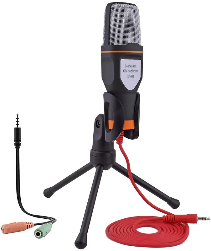 Photo 1 of Bluelly Microphone for PC, 3.5mm Plug&Play Computer Microphone with Desktop Tripod, Broadcast Recording Condenser Microphone with Audio Adapter for Computer Laptop Phone Skype YouTube Game