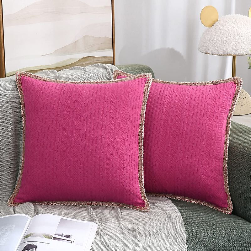 Photo 1 of 3D Embossed Farmhouse Throw Pillow Covers, Set of 2 Lace Trimmed Edge Throw Pillowcases Stretchy Cushion Cases for Sofa Couch Chair, 18x18 inch, Hot Pink