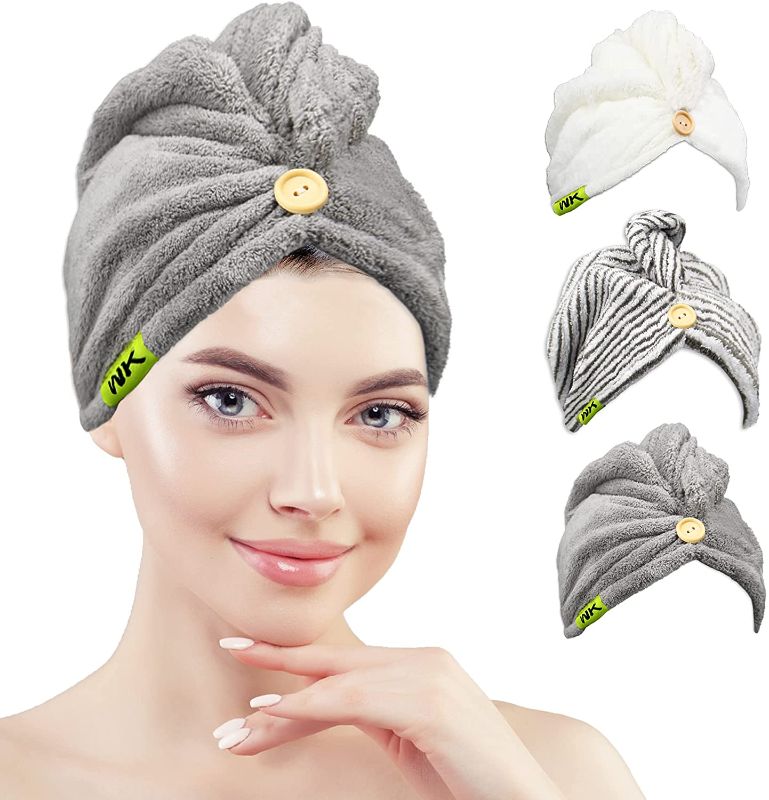 Photo 2 of WK Microfiber Hair Towel Wrap for Women,Ultra Absorbent Quick Dry Hair Turban for Drying Wet Hair,Curly Hair,Long Hair,Anti Frizz,3Pack,25 x 10 Inch(Gray,White,Stripe)