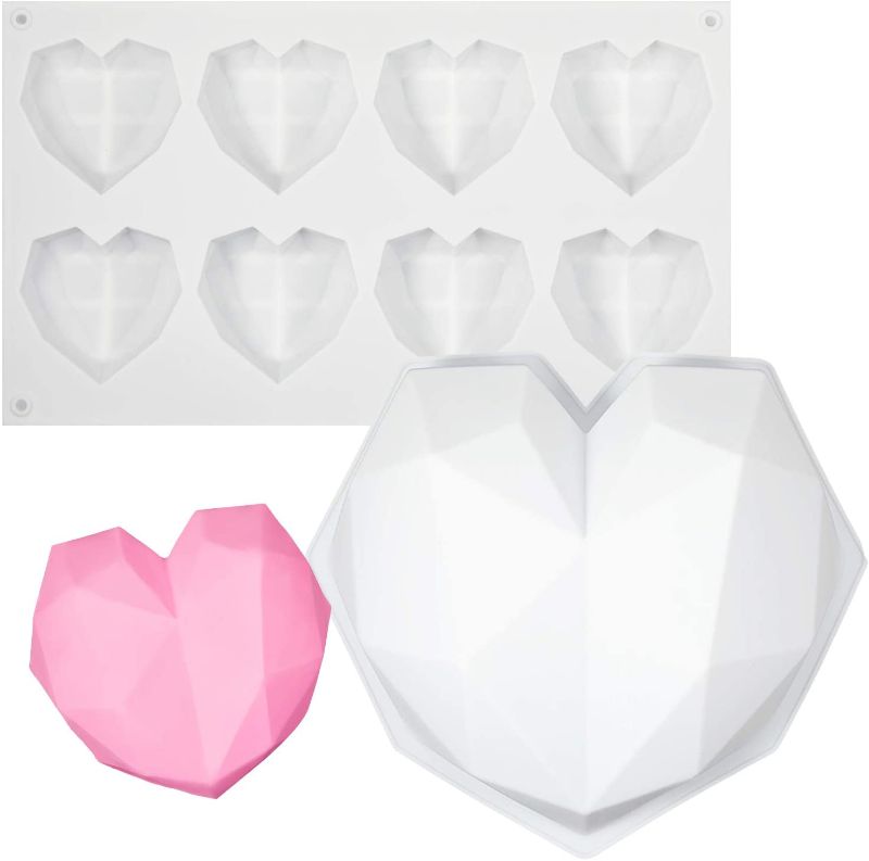 Photo 1 of 2 Pieces Reusable 3D Diamond Heart Shaped Silicone Molds Non-stick Cake Fondant Molds Chocolate Molds for Baking Cake, Chocolate, French Dessert, Pastry, Brownie, Ice Cube, Soap