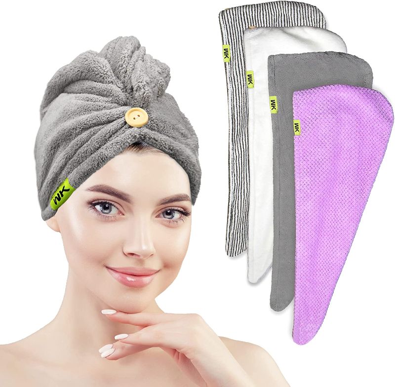 Photo 1 of WK Hair Towel Wrap Fast Drying Hair Turban, Anti-Frizz Microfiber Hair Towels for Women, Super Absorbent Hair Drying Towels for Curly Hair, 4 Pack,25 x 10 Inch (Gray,White,Stripe,Purple)