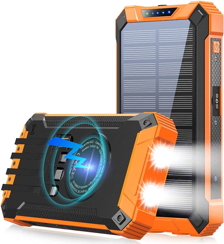 Photo 1 of Solar Power Bank 36000mAh Built-in 4 Cables Qi Wireless Charger with Dual LED Flashlight Solar Portable External Battery IPX4 Waterproof 15W 5V/3A USB C Port Six Outputs Three Inputs(Orange)
