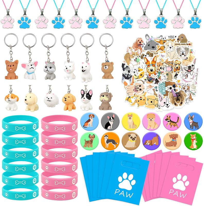 Photo 1 of 110 PCS Puppy Dog Party Favors Puppy Key Chain Necklace Silicone Wristbands Stickers Goodie Bags Button Badges For Birthday Party Favors Baby Shower Decorations Classroom Rewards Dog Theme Supplies
