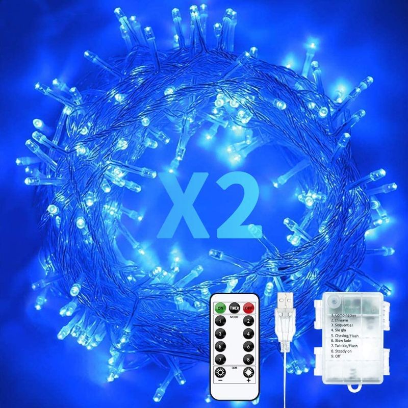 Photo 1 of Baimo 2 Pack 33ft 100 LED Battery Operated String Lights with USB Cable, 8 Modes Waterproof Remote Timer Fairy Lights Indoor Outdoor for Christmas, Garden, Party (Blue)
