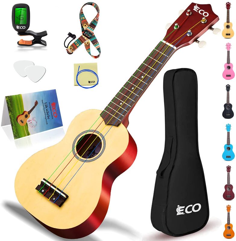 Photo 1 of iECO Soprano Ukulele Beginner Kit for Kids Adults 21 Inch Ukelele w/Case Strap Tuner Strings Picks (Natural)
