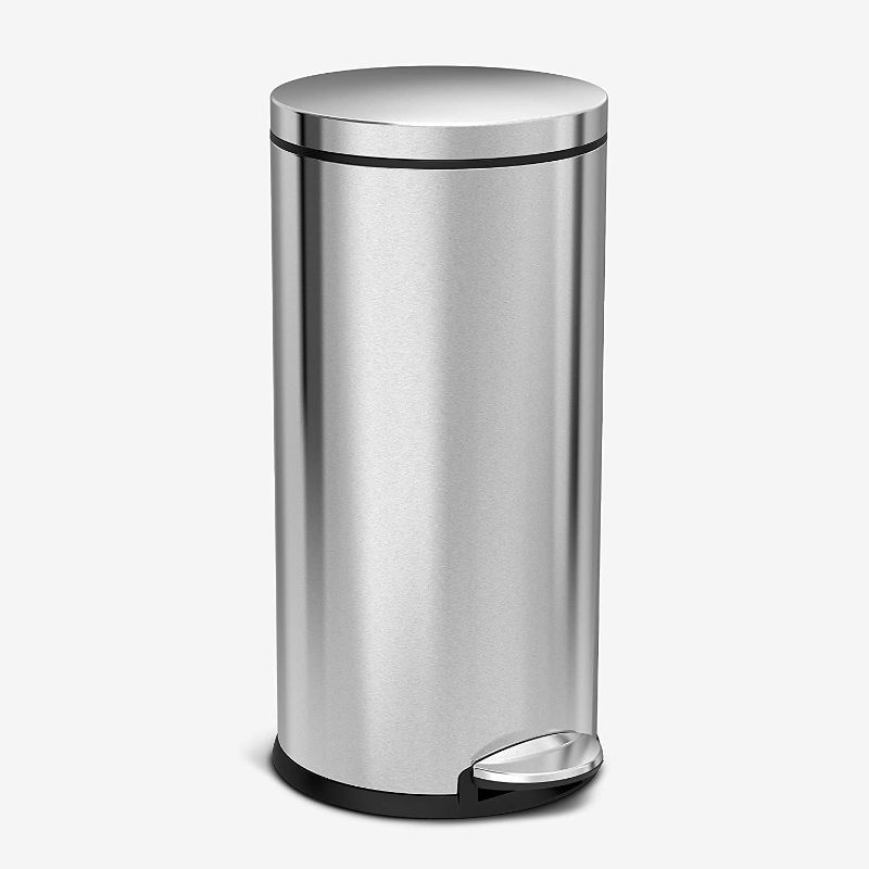 Photo 1 of  30 Liter / 8 Gallon Round Step Trash Can, Brushed Stainless Steel
