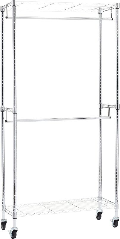Photo 1 of Amazon Basics Adjustable, Double Hanging Rod Garment Rolling Closet Organizer Rack - Chrome, 72 inches
