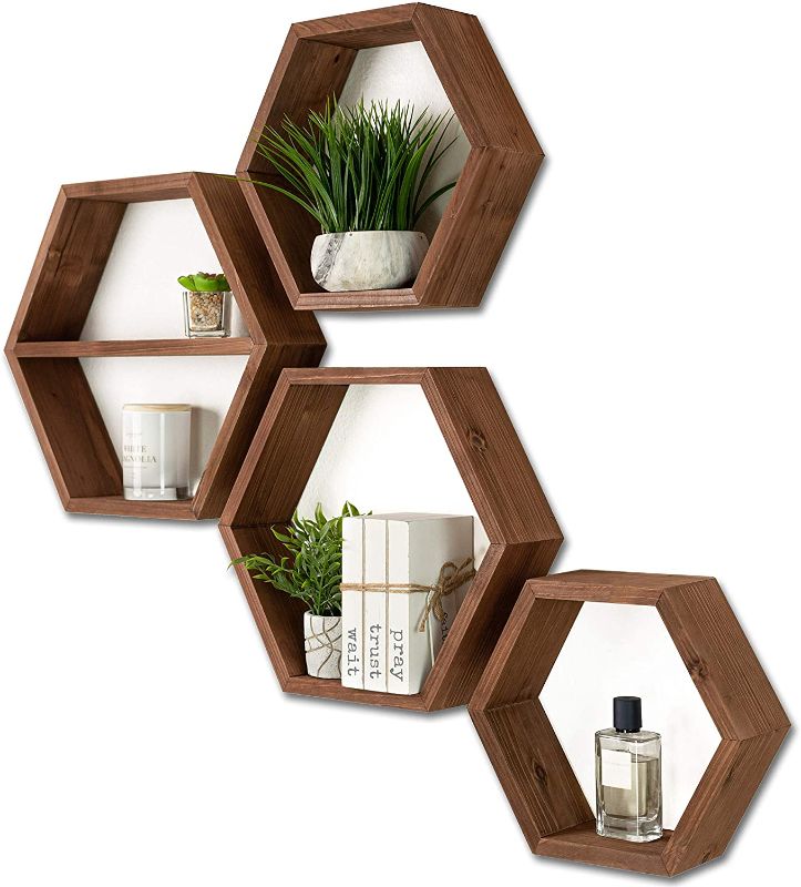 Photo 1 of Extra Large Hexagon Floating Shelves Set of 4 - Honeycomb Shelves - Octagon Shelves Rustic Brown - Wall Shelves Honeycomb Decor - Wooden Honey Comb Hexagon Shelf for Wall - Geometric Hexagonal Shelves