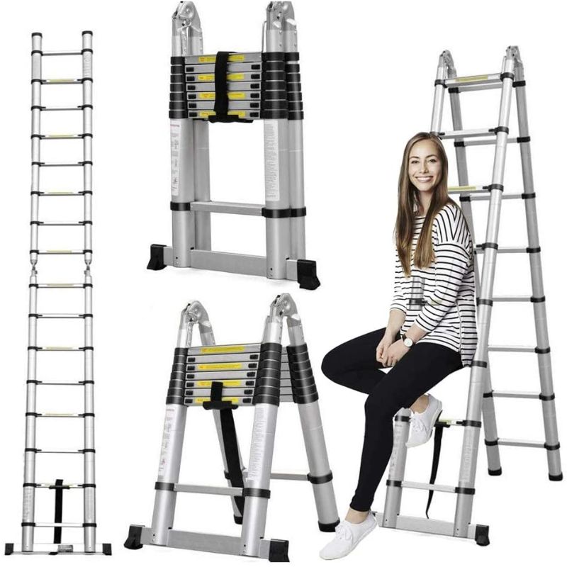 Photo 1 of Aluminum Telescoping Telescopic Ladder 5M/16.5Ft A Type A Frame Portable Extension Folding Multi-Purpose Heavy Duty Compact Ladder with Hinges, 330lb Load Capacity Non Slip for Home Loft Office