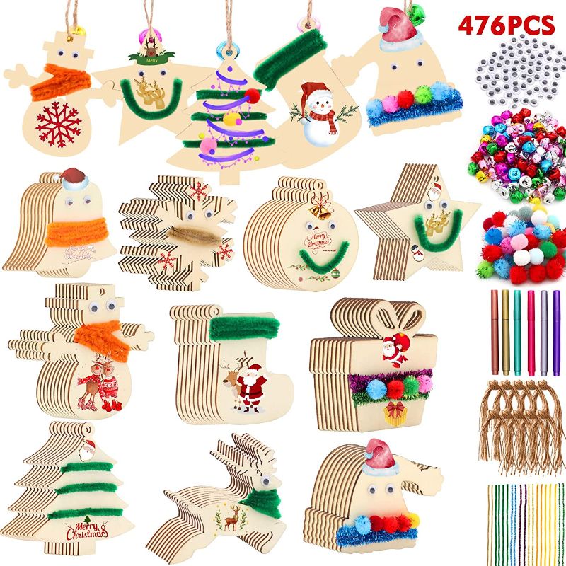 Photo 1 of 476 Pcs Christmas Unfinished Wooden Ornaments, ZALALOVA DIY 10 Style Wooden Christmas Ornaments Wooden Slices Tree Decorations with w/Bells Pom Poms Pipe Cleaners Wiggle Eyes Marking Pens
