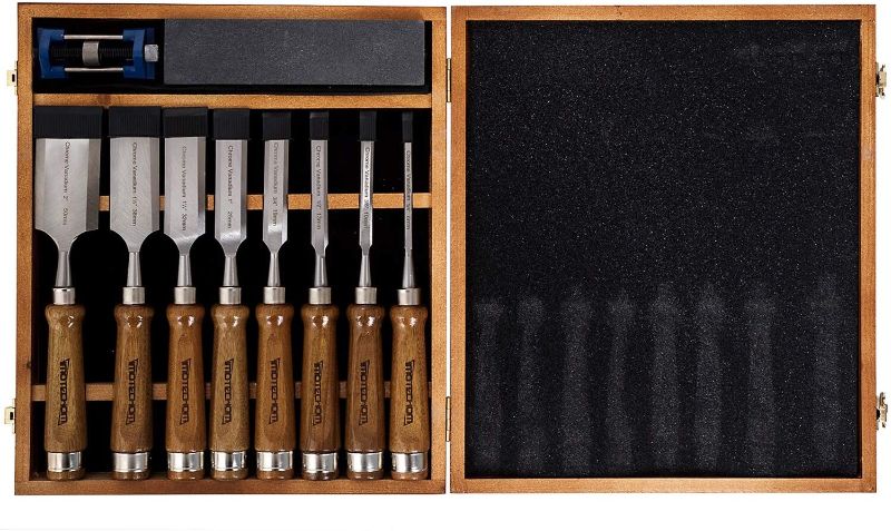Photo 1 of  IMOTECHOM 10-Pieces Woodworking Wood Chisel Set with Walnut Handle, Honing Guide, Sharpening Stone, Wooden Storage Case Online in USA. 