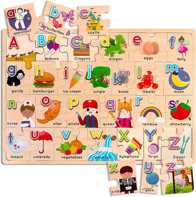 Photo 1 of Wooden Alphabet Puzzle for Kids - Big 17x12 ABC Puzzles, Matching Uppercase & Lowercase Letters, ABC Learning for Toddlers, Preschool Learning Games Ages 3+ Educational Toys for Toddlers (factory sealed)