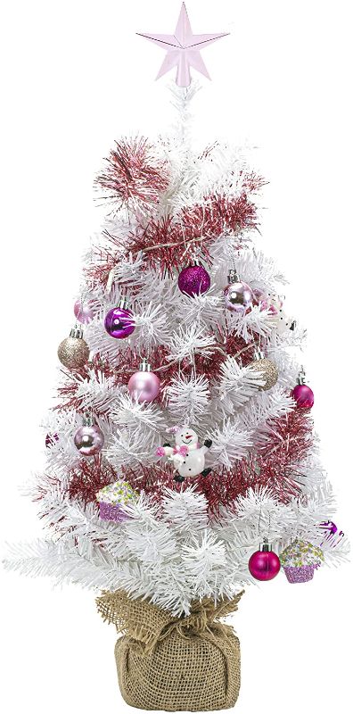 Photo 1 of 24"/60cm Tabletop Christmas Tree - Mini Artificial Christmas Tree with 20 LED String Lights, Ball Ornaments, Star Treetop - Ornaments for Xmas Indoor Decor - Pink
