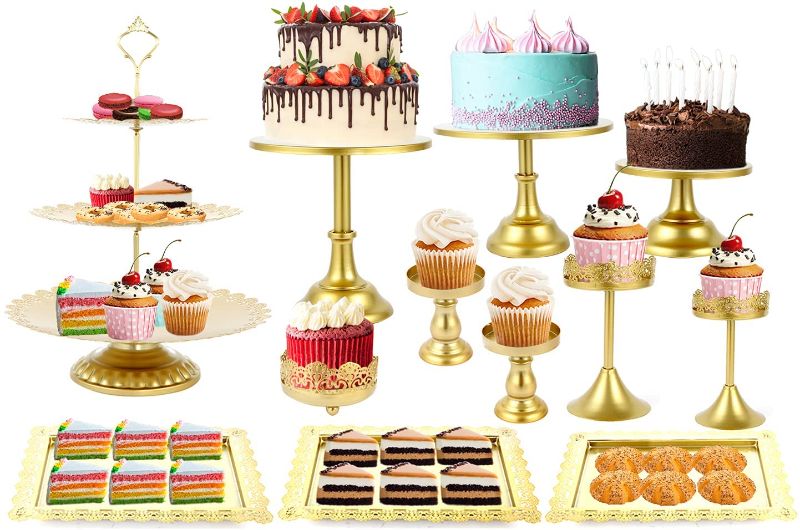 Photo 1 of 12 Pieces/Set Gold Cake Stands and Pastry Trays, Metal Wedding Cupcake Stand Set Pedestal/Display/Plate/Stands and Trays, Birthday Party Wedding Decorations for Tables (Gold)
