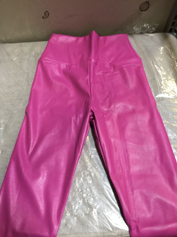 Photo 2 of Women's high waisted leather leggings (rose red)
size M