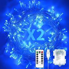 Photo 1 of  2 Pack 33ft 100 LED Battery Operated String Lights with USB Cable, 8 Modes Waterproof Remote Timer Fairy Lights Indoor Outdoor for Christmas, Garden, Party (Blue)
