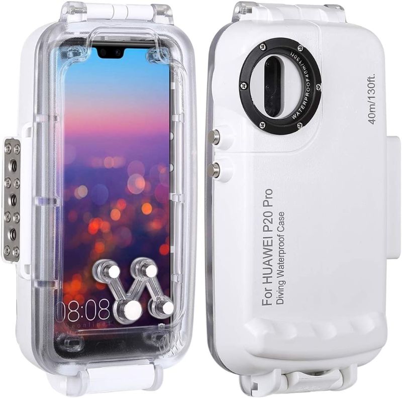 Photo 1 of HAWEEL Huawei P20 Pro Diving Case, Professional [40m/130ft] Surfing Swimming Snorkeling Photo Video Waterproof Protective Case Underwater Housing for Huawei with Lanyard (Huawei P20 Pro, White)
