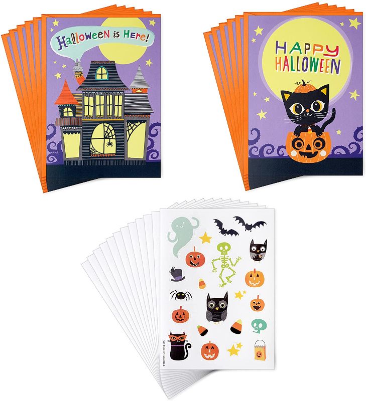 Photo 1 of Hallmark Kids Halloween Cards Assortment with Stickers, Cat and Haunted House (2 Designs, 12 Flat Cards and Envelopes, 12 Sticker Sheets) 5 PACK
