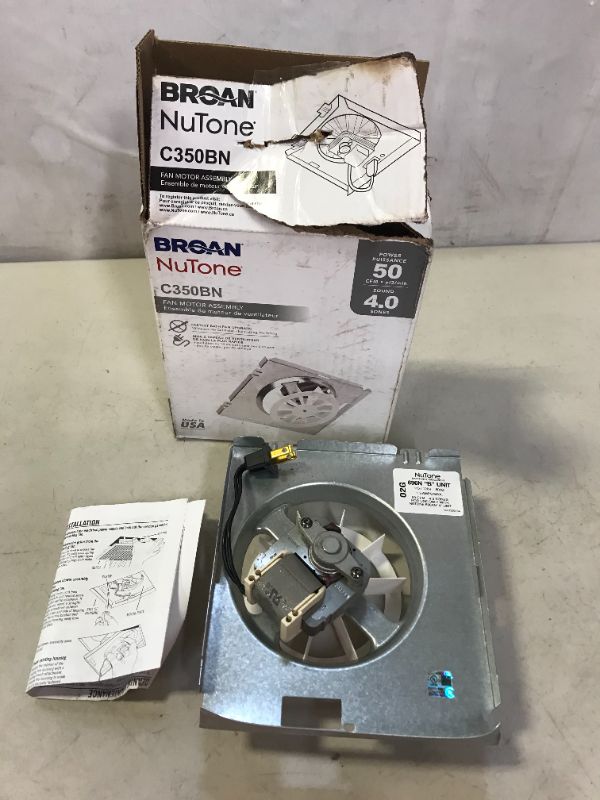 Photo 5 of Broan-NuTone C350BN Replacement Motor/Wheel (NuTone 696N A housing), 50 CFM
 MAJOR DAMAGES TO BOX, EDGES AND CORNERS BENT OUT OF SHAPE)