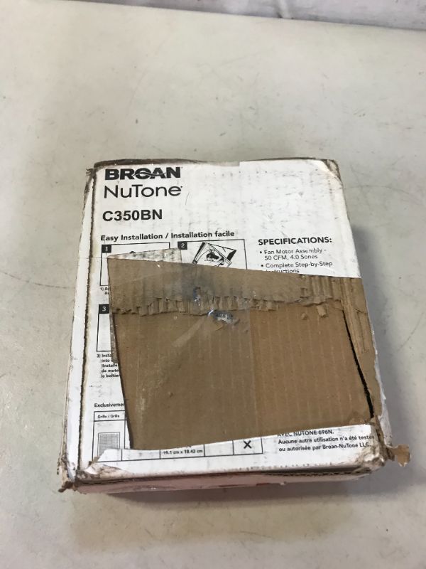 Photo 2 of Broan-NuTone C350BN Replacement Motor/Wheel (NuTone 696N A housing), 50 CFM
 MAJOR DAMAGES TO BOX, EDGES AND CORNERS BENT OUT OF SHAPE)