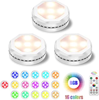 Photo 1 of Led Puck Lights with Remote Control, UYICOO Wireless Color Changing Dimmable Under Cabinet Lighting, 3500K Battery Operated Sticker Light with Timing, Under Counter Lights for Closet (White 3 Packs) DAMAGES TO PACKAGING 
