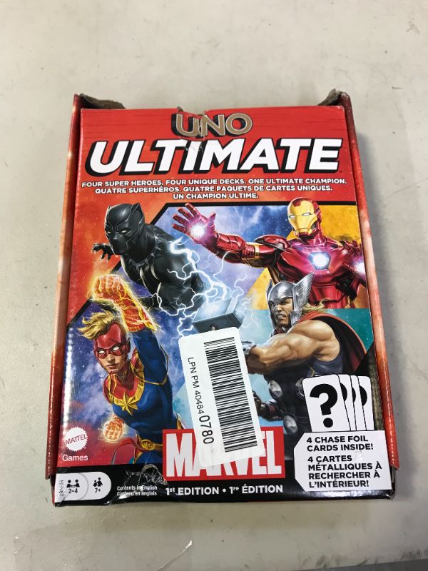 Photo 4 of UNO Ultimate Marvel Card Game with 4 Collectible Foil Cards, Character-Themed Decks & Special Rules, Gift for Game Night, Ages 7 Years & Older
MAJOR DAMAGES TO PACKAGING, BRAND NEW