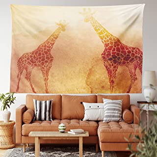 Photo 1 of Ambesonne Savannah Tapestry, Illustration Tropic Giraffes Tallest Neck Animal Mammal in Retro Vintage Print, Wide Wall Hanging for Bedroom Living Room Dorm, 60" X 40", Orange
