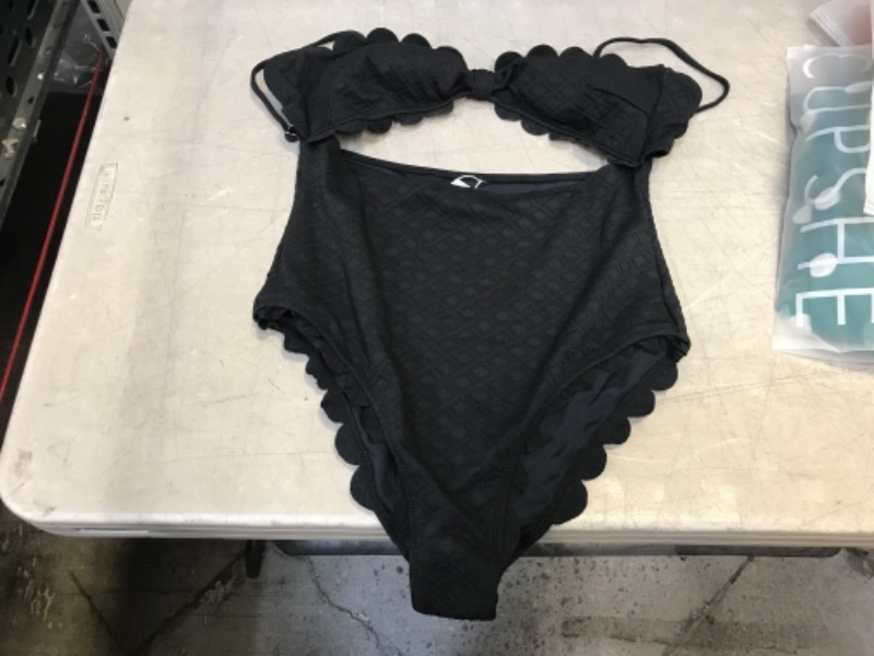 Photo 1 of Black Knotted Scalloped One Piece Swimsuit (XL)