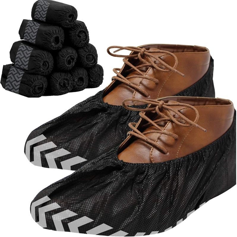 Photo 1 of RE GOODS Shoe Covers - 100 Pack, X Large, Extra Thick With Non Skid Soles, Professional Sleek Black Disposable Boot and Shoe Booties, One Size Fits Most, Non Slip - Indoor/Outdoor