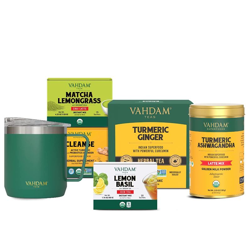 Photo 1 of BB10/21-3/23
VAHDAM Wellness Assorted Bundle | Matcha Lemongrass Instant Latte | Turmeric Ginger Herbal Tea | Turmeric Ashwagandha Latte Mix | Cleanse Superfood Elixir | Lemon Basil Instant Iced Tea | Drift Mug