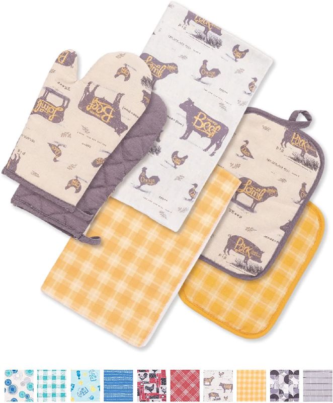 Photo 1 of 6 Pack Kitchen Set | 2 Oven Mitts and 2 Rectangular Pot holders of Quilted Lining with Cotton Wadding - 2 Dish Towels for Drying Dishes | Perfect for Gifting, Baking and Everyday Cooking (FF & YP)