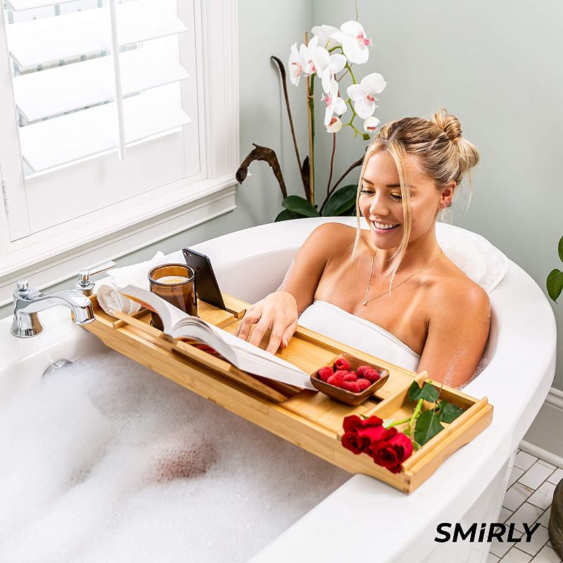 Photo 1 of SMIRLY Bamboo Bathtub Tray Expandable: Bamboo Bath Tray for Tub with Book Stand, Bamboo Bathtub Caddy Tray for Luxury Bath, Bamboo Bath Caddy Tray for Tub, Bath Tub Table Caddy, Bath Tub Tray for Bath