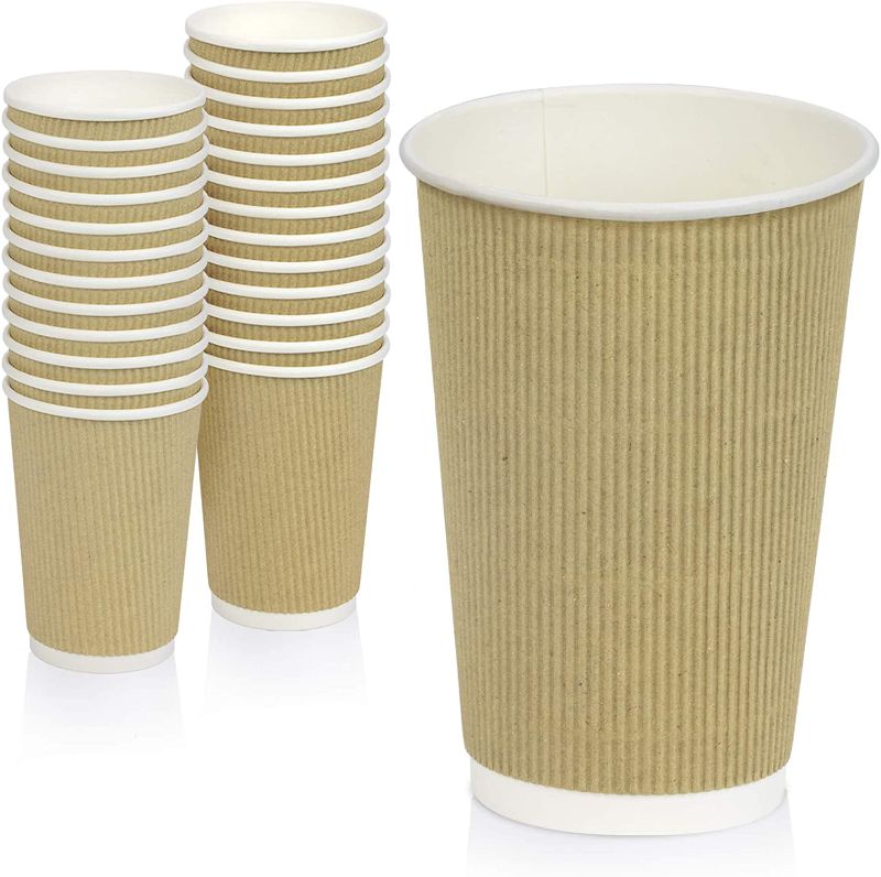 Photo 2 of 100 Pack] Disposable Hot Cups - 16oz Brown Double Wall Insulated Ripple Sleeves To Go Coffee Cups - Kraft Hot Beverage Cups for Chocolate, Tea, and Cocoa Drinks - Sturdy and Eco Friendly