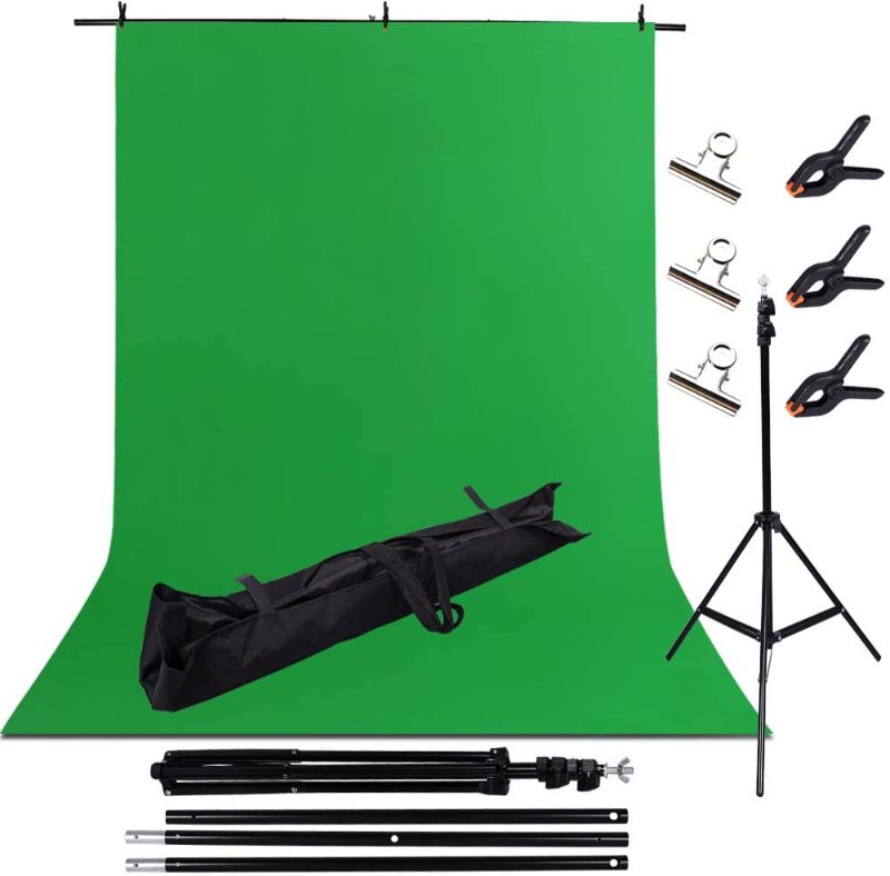 Photo 1 of WEMOSI Green Screen Backdrop with Stand - 6ftx10ft Green Backdrop Portable Stand Kit,Polyester Photography Backdrop Background with 3P Spring Clamps and 3P Silver Clamps for Photo Video Studio