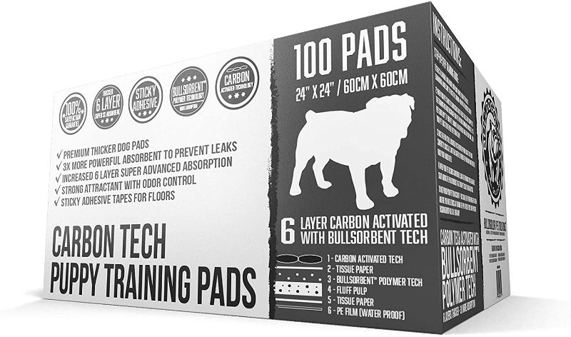 Photo 1 of Bulldoglogy Premium Carbon Black Puppy Pee Pads with Adhesive Sticky Tape - Large Housebreaking Dog Training Wee Pads (24x24) 6 Layers with Extra Quick Dry Bullsorbent Polymer