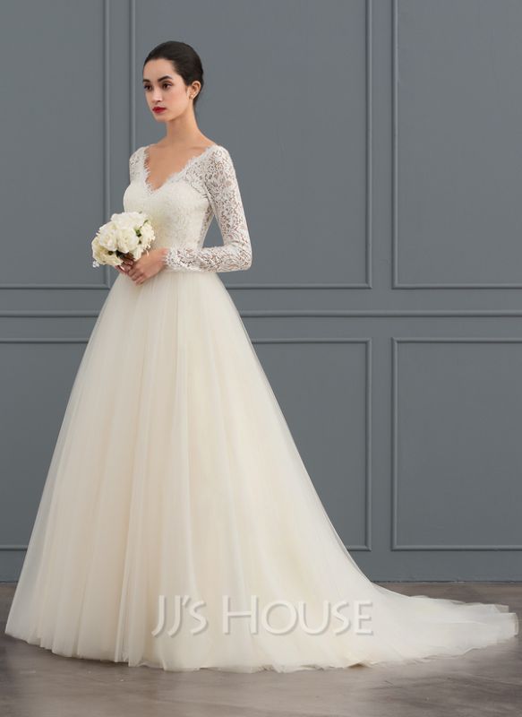 Photo 1 of  Ball-Gown/Princess V-neck Court Train Tulle Lace Wedding Dress US 0