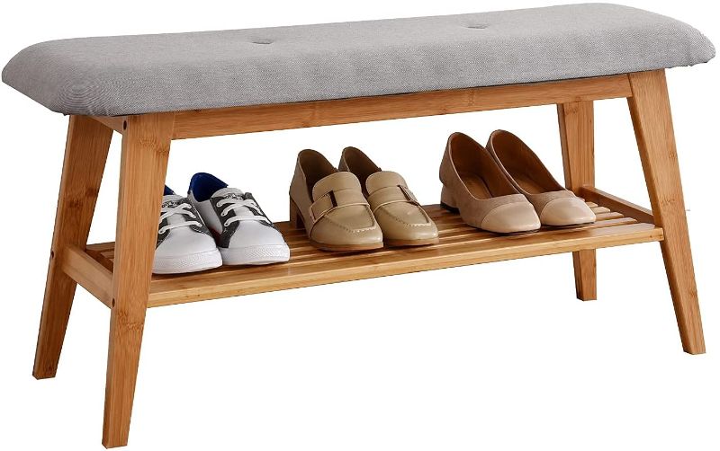 Photo 1 of Sobibo Shoe Entryway Bench, Bamboo Shoe Rack Bench, Organizer with 2 tire Storage Simple Style Good Load Bearing, Ideal for Entryway Hallway Living Room,(Nature,35.4'')
