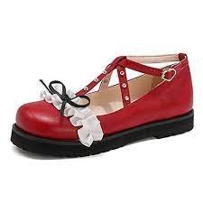 Photo 1 of 100FIXEO Women Fashion Flats Heel Bow Rivet Buckle Strap Platform Ruffles Round Toe Elegant Cosplay Lolita Mary Janes Shoes 6.5