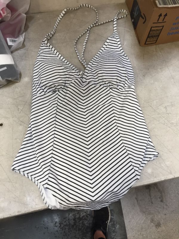 Photo 2 of LARGE CUPSHE Black And White Stripe V-Neck One Piece Swimsuit