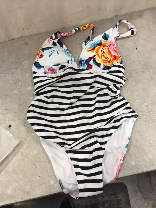 Photo 2 of Bold Floral And Stripe Halter One Piece Swimsuit XL