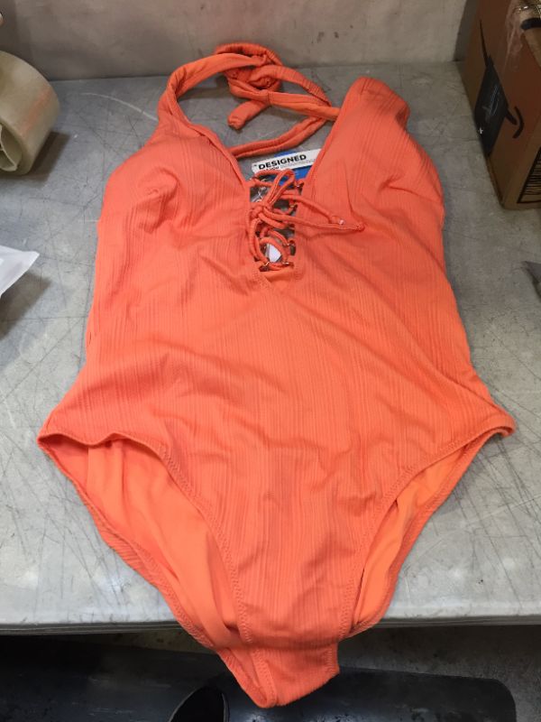 Photo 2 of Alena Orange Halter Lace Up One Piece Swimsuit