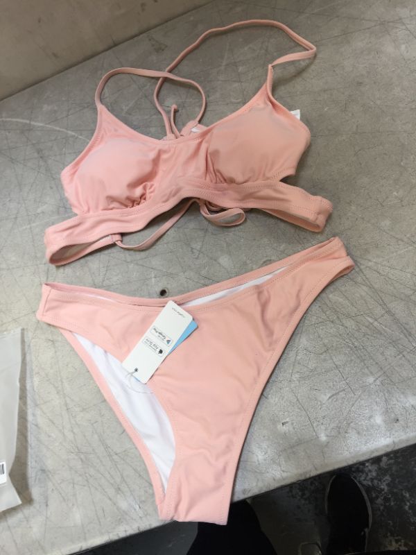 Photo 2 of CUPSHE MEDIUM Sweet Pink Solid Lace Up Bikini