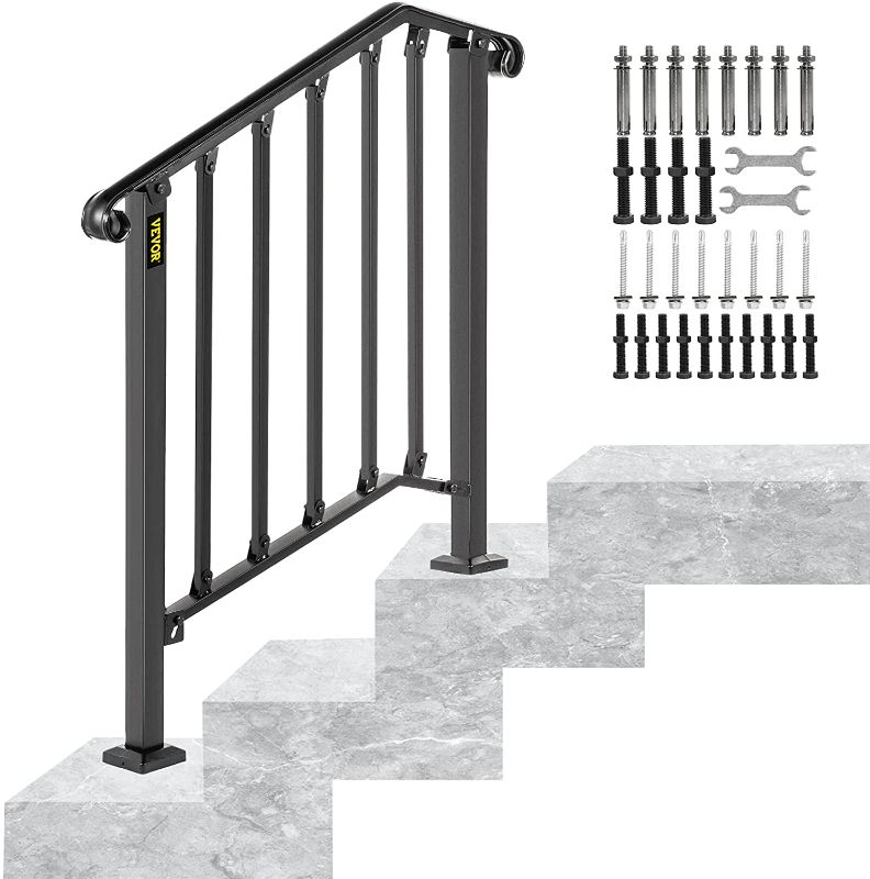 Photo 1 of -- WHITE --Happybuy Handrails for Outdoor Steps, Fit 2 or 3 Steps Outdoor Stair Railing, Picket#2 Wrought Iron Handrail, Flexible Porch Railing, Black Transitional Handrails for Concrete Steps or Wooden Stairs 