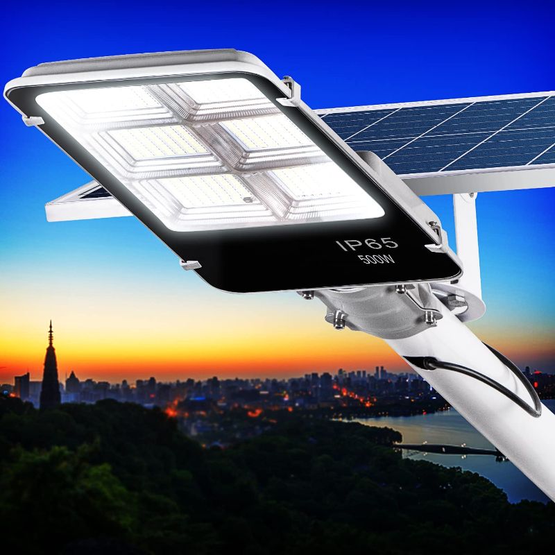 Photo 1 of 500W Solar Street Lights Outdoor, 50000LM High Brightness Dusk to Dawn LED Lamp, with Motion Sensor and Remote Control, IP65 Waterproof for Parking Lot, Yard, Garden, Patio, Stadium
(unable to test in facilities)